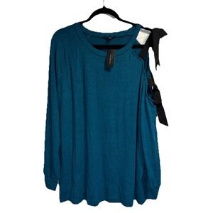 New Lane Bryant Top Women's 18/20 Blue Tie Bow Long Sleeve Pullover‎ Stretch